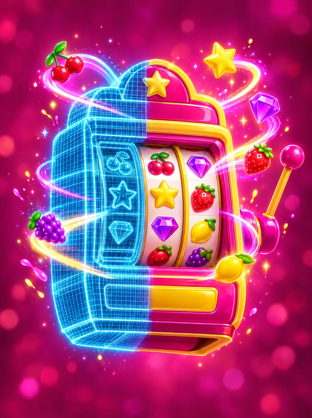A glossy candy slot machine taking shape, half glowing blueprint and half finished, as fruit and star symbols snap into its reels.