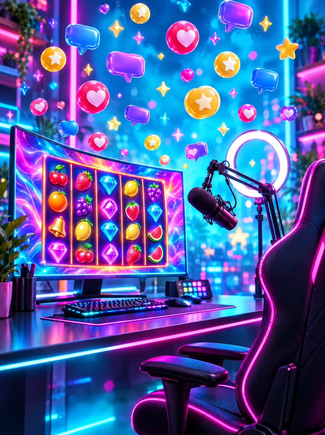 A neon streaming desk with a curved monitor showing a colourful slot game, a microphone and floating reaction hearts and stars.