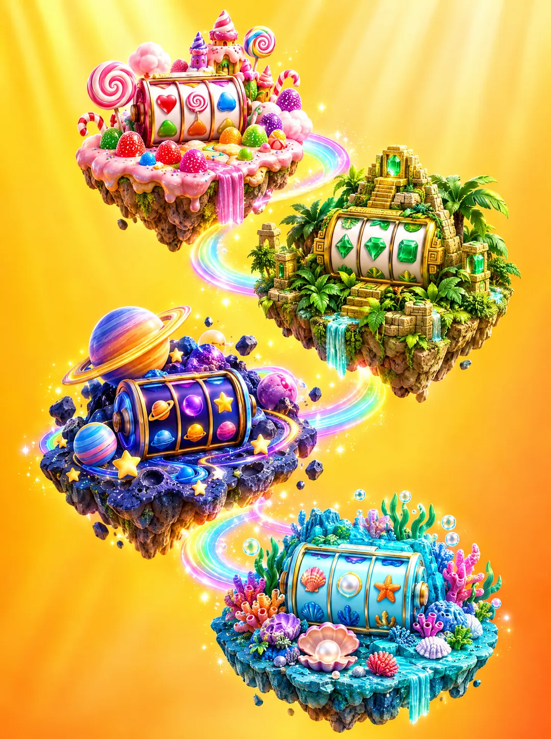 Four floating mini islands, each with its own themed slot reel: candy land, jungle temple, outer space and coral reef.